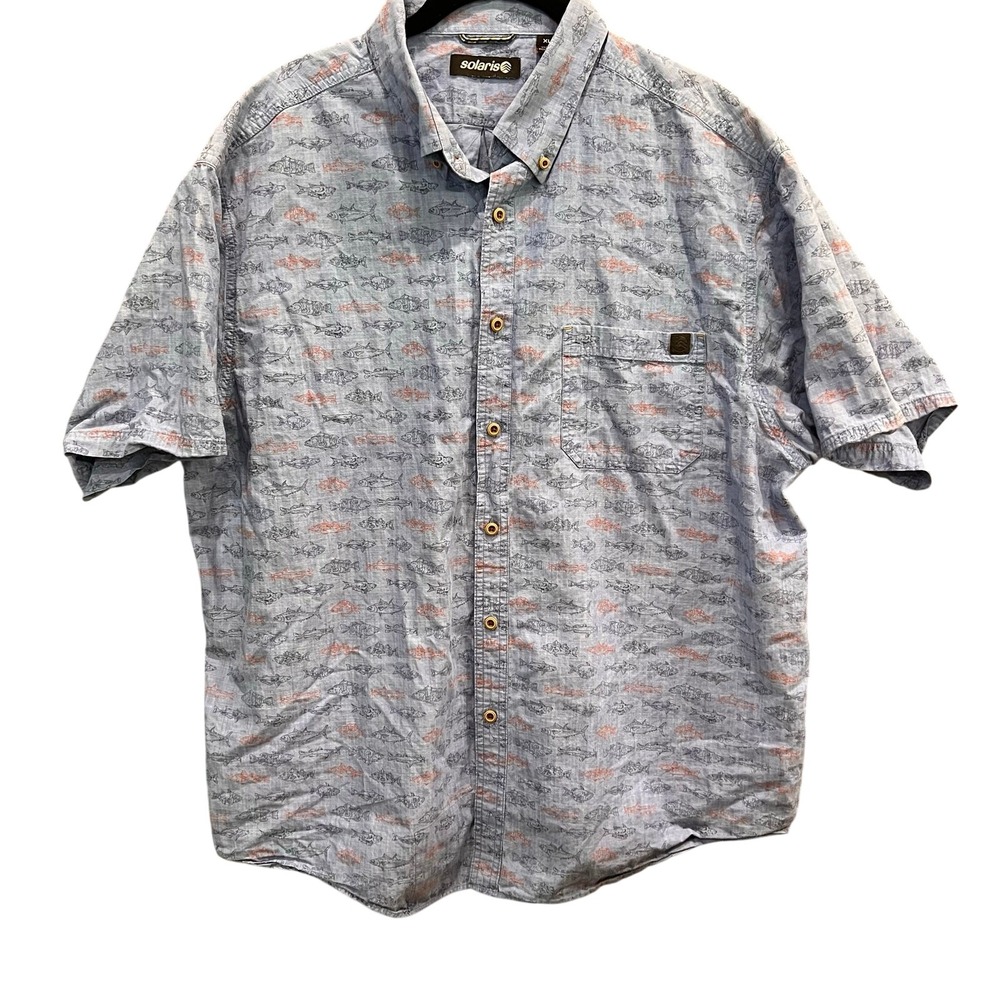 Solaris Shirt Men's XL Blue Fish All Over Design Short Sleeve Fishing Camp Shirt